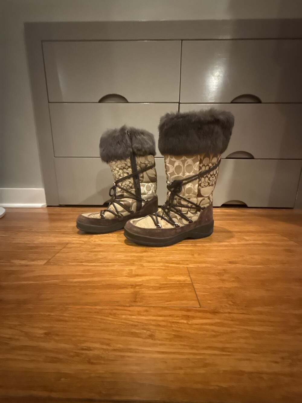 Coach Laurilyn Brown Patchwork Fur Trim Winter Designer Boots